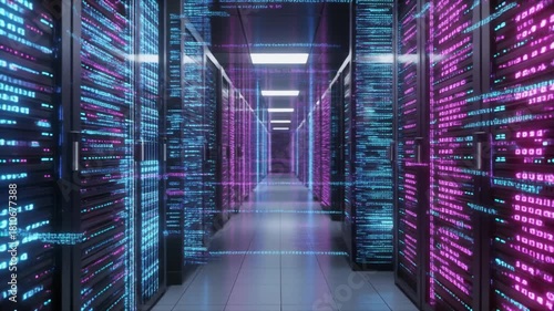 Data Center Hallway Illuminated with Binary Code and Colorful Server Racks