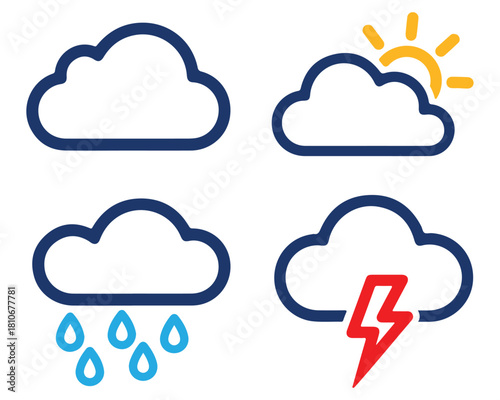 Weather forecast icons showing different weather conditions isolated on transparent background includes clouds, sun, rain, and lightning perfect for weather apps and websites