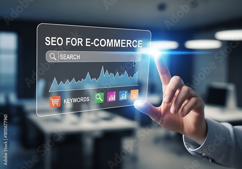 Hand touching holographic interface for SEO E-commerce search and analytics in a modern office environment