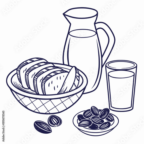 Illustration of breakfast with bread, milk, and dates isolated on