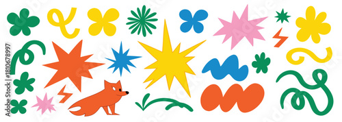 Abstract clouds and flowers shapes sticker set. Groovy funky flowers, bubbles, stars, loops and waves in trendy retro cartoon style. Illustration with wavy elements
