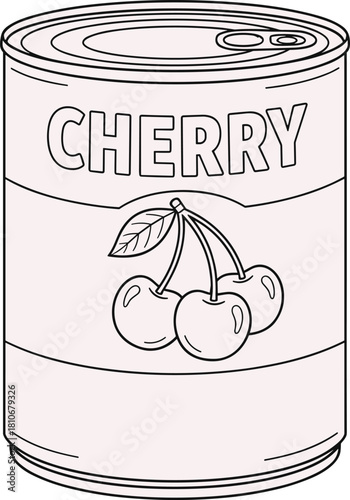 Vector black and white outline illustration of metal tin can with cherry fruit label, coloring book page for kids, isolated food packaging sketch