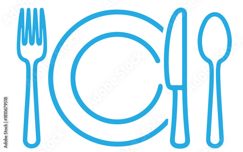 Illustration of a blue plate setting with fork, knife, and spoon, symbolizing dining, cuisine, and culinary arts isolated on transparent background