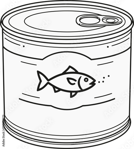 Vector black and white outline illustration of metal tin can with fish label, coloring book page for kids, isolated seafood packaging sketch