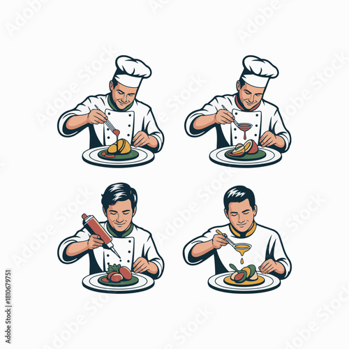 Four chefs in white uniforms plating food with sauces and garnishes cooking gourmet