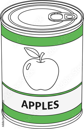 Vector illustration of metal tin can with apple fruit label and green stripes, isolated canned food packaging, grocery store product clip art