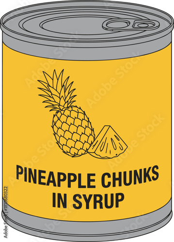 Vector illustration of yellow metal tin can with pineapple fruit label, isolated canned food packaging with syrup text, grocery product clip art design