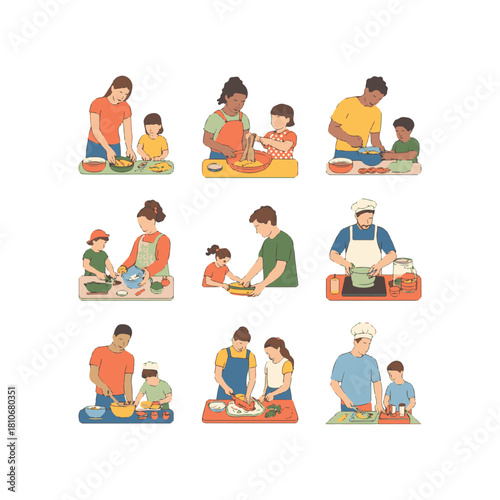 Diverse families and children cooking together in various kitchen scenes family food