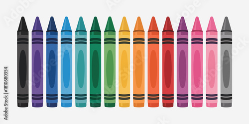 School supply crayon showing a range of colors including black, blue, turquoise, teal, green, yellow, orange, red, pink, purple, brown, and gray crayons.