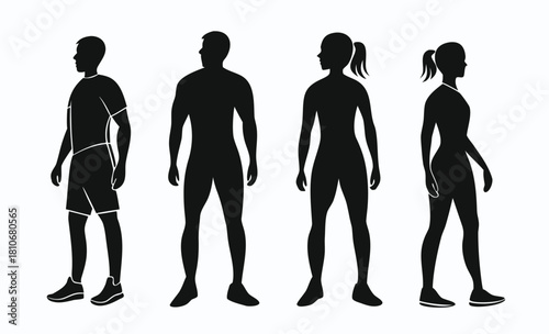 Fit man and woman silhouettes set. Vector flat illustrations of sporty male and female figures.
