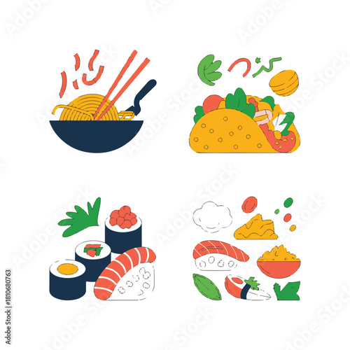 Ramen bowl taco sushi and rice bowl flat illustration noodles chopsticks