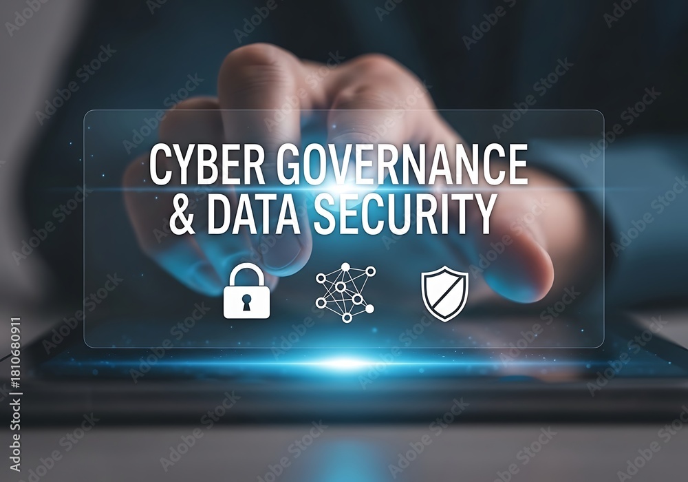 Fototapeta premium A hand interacts with a glowing virtual display showing cyber governance data security text and security icons, highlighting the importance of digital protection and secure information management