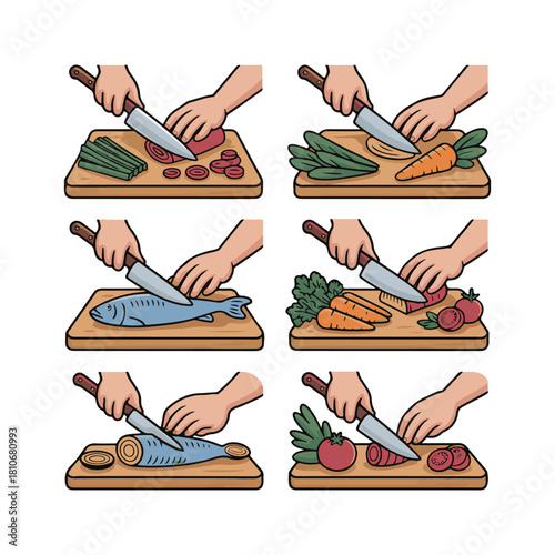 Hands chopping vegetables and fish on wooden cutting boards knife food