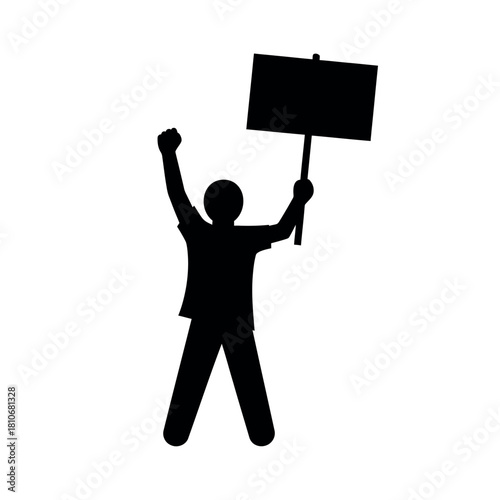 Silhouette of a protester holding a sign with fist raised.
