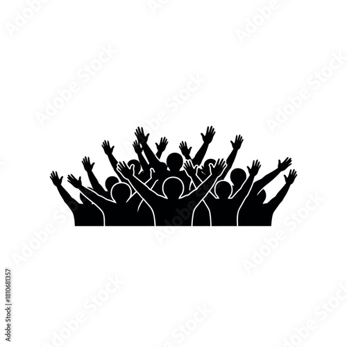 Silhouettes of a Cheering Crowd with Raised Hands.