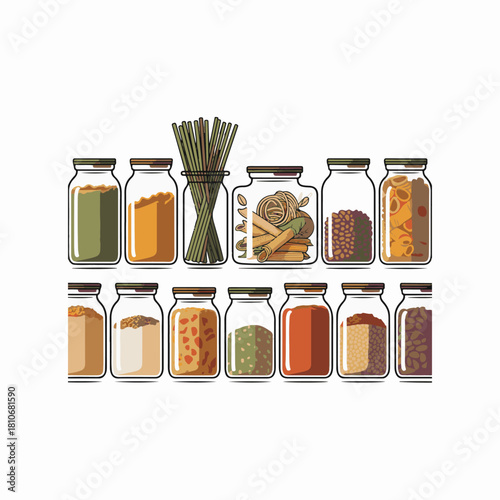 Assortment of glass jars filled with dry food ingredients and pasta vector