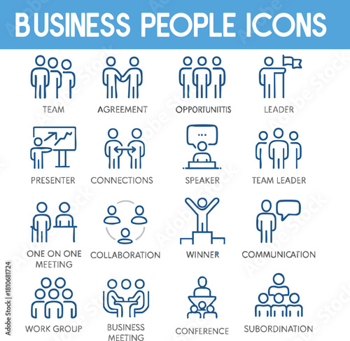 Business People Icons: A collection of concise line art icons illustrating a variety of business concepts, depicting team collaboration, leadership, and various interactions. 