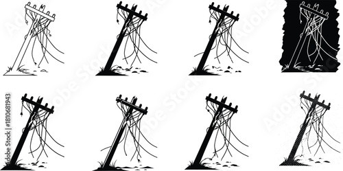Broken leaning power pole silhouette vector illustration with tangled wires, damaged electrical post artwork, distressed utility pole design for disaster scenes