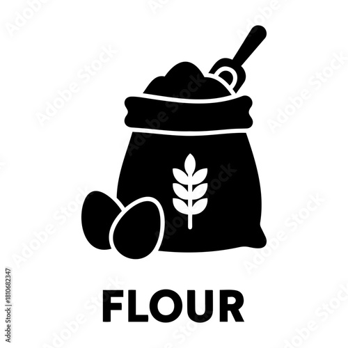 Bakery Icon Vector Illustration of a bag of flour with a scoop, wheat symbol, and two eggs, all in a solid black color