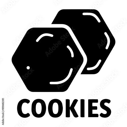 Bakery Icon Vector Illustration of two black hexagon shaped cookies stacked with the word cookies written below them