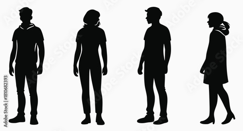 Guy and girl silhouettes set. Vector flat illustrations of standing young man and woman.
