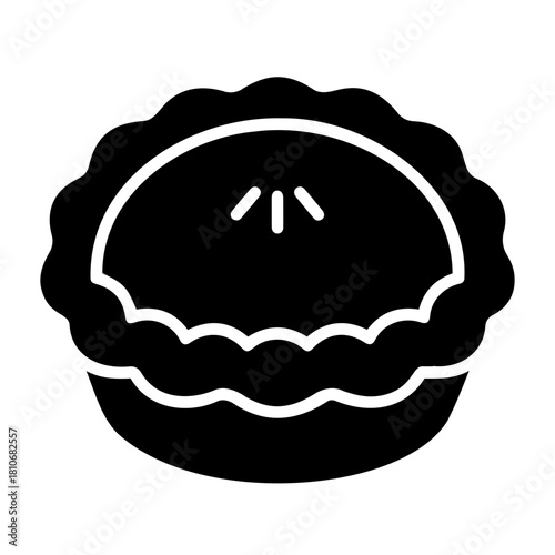 Bakery Icon Vector Illustration of a black pie with a decorative crust and steam vents on a transparent background
