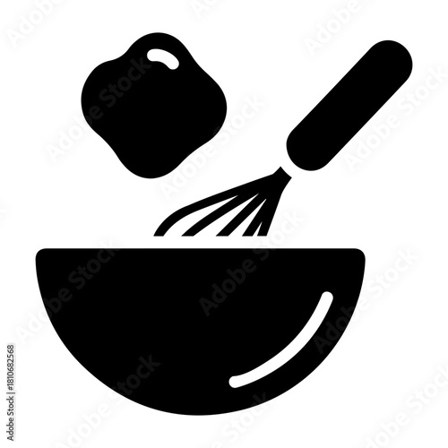 Bakery Icon Vector Illustration of a mixing bowl with a whisk inside and a blob above it in solid black color