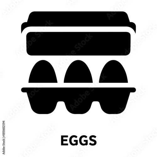 Bakery Icon Vector llustration showing a closed egg carton with three visible eggs inside in a black and white view