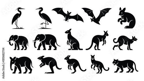 Monochrome animal silhouettes elephant kangaroo