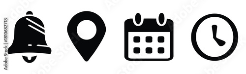 Time date address icons set. Address location icon. Stopwatch timer icon. Date Calendar icon. Black line and flat web icons.
