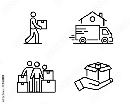 Moving service icons people and packages delivery transport