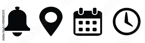 Time date address icons set. Address location icon. Stopwatch timer icon. Date Calendar icon. Black line and flat web icons.
