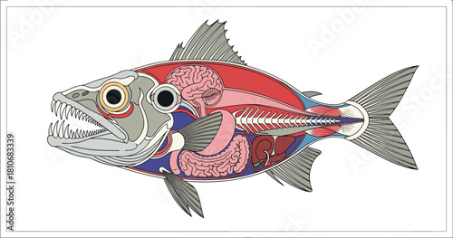 Detailed anatomical illustration of fish internal organs and skeletal system, educational biology vector showing anatomy structure for marine science learning design