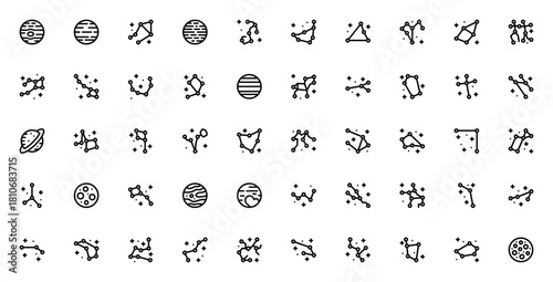 Zodiac and celestial icon set. Astronomy vector collction featuring Jupiter, Nptune, Venus, Mars, Saturn Moon, constellations, andmore. Editable stroke.