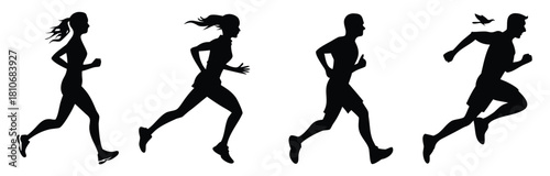 Running man and woman silhouettes set. Male and female runners figure shapes. Bare and naked slim healthy people work out
