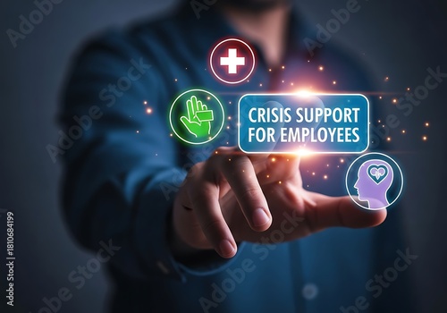 Hand interacting with a glowing digital interface showing crisis support for employees and icons for first aid, helping hand, and mental health, representing vital workplace assistance