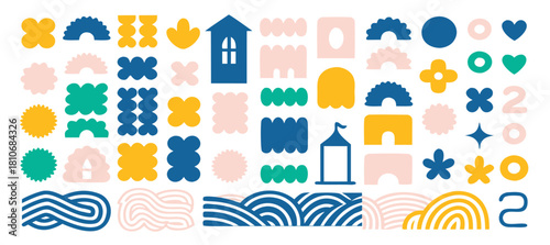 Abstract geometric shapes and icons. Colorful groovy brutal figures. Modern Swiss design aesthetic.
