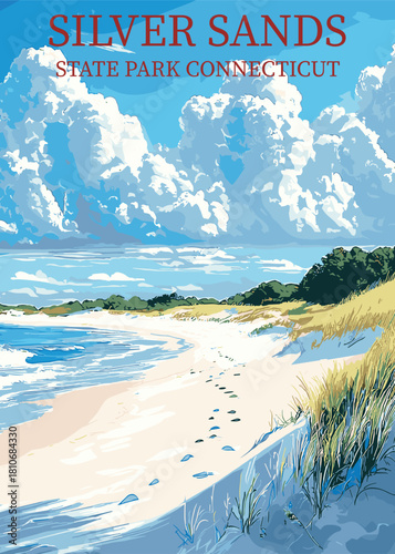 Silver Sands State Park, Connecticut, vintage travel poster vector illustration of beach dunes, coastal grasses, and footprints on the pristine sand.