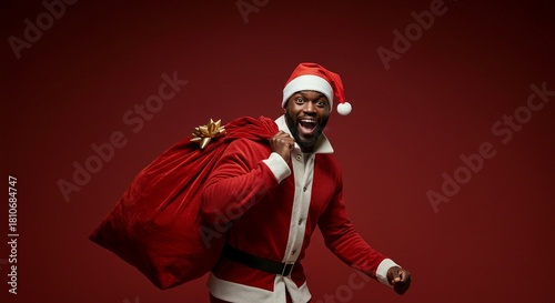 Joyful african american man dressed as santa claus carrying a large red sack full of gifts against a deep red studio background