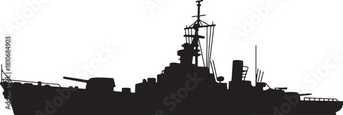 black silhouette of warship on white background, vector