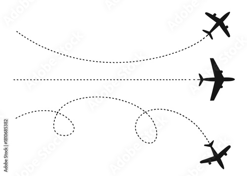 Airplane with dotted line route. Vector illustration. Flying plane with twisted, curved and straight dashed path.
