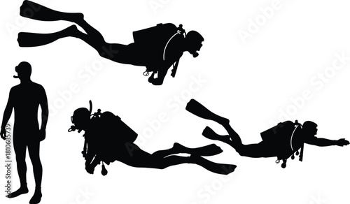 WebSilhouette vector illustration of scuba divers swimming underwater with diving gear, fins, oxygen tanks, and snorkel equipment,