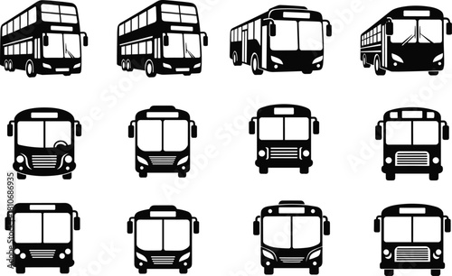 Bus Icon Vector Set Featuring Double Decker, School Bus, and City Transport Silhouettes