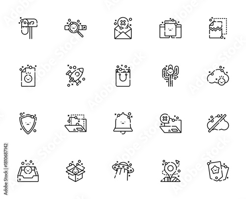Empty State icon set. Minimal vector illustrations. eaturing symbols for mailbx, search, message, documet, shopping bag, cloud, sheld, notification, and mor.