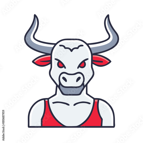 Bull character mascot in red tank top with fierce expression  