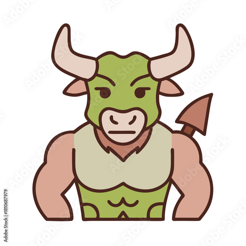 Cartoon bull character wearing armor and holding a spear  