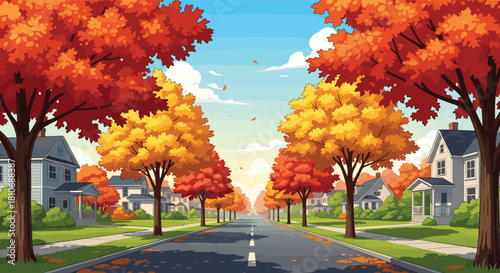 Autumn suburban street view, fall foliage trees, residential neighborhood houses, peaceful seasonal atmosphere, vibrant leaves, calm road scene, clear sky