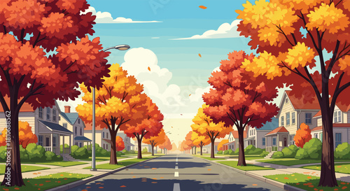 Autumn suburban street with vibrant trees, fallen leaves, empty road, and clear blue sky in peaceful residential neighborhood