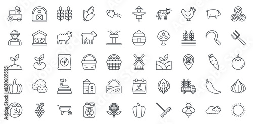 Farming Icon Set. Containing Tractor, Barn, Wheat, Corn, Watering Can, Scarecrow, Cow, Chicken, Pig, Hay Bale, Farmer Icon. Outline Style