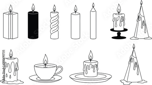 Collection of decorative candle silhouettes featuring burning candles, melting wax designs, candle holders, and cozy home decor elements for vector illustration use.